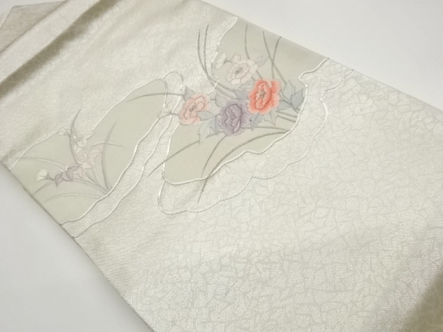 Nagoya obi with embroidered clouds, iris and peony patterns